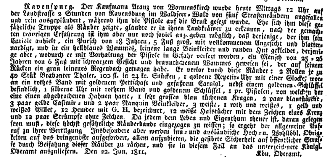 Banditenüberfall auf einen Kaufmann zwischen Ravensburg und Bad Waldsee 1811