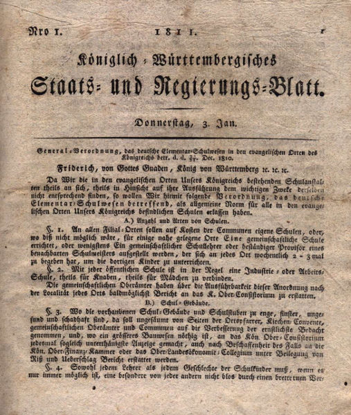 Verordnung, das deutsche Elementar-Schulwesen betreffend (Kgr. Württemberg 1811) Verordnung, das deutsche Elementar-Schulwesen betreffend