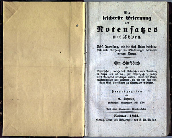 Carl Schmied: Die leichteste Erlernung des Notensatzes mit Typen (1844) Titelseite von: Die leichteste Erlernung des Notensatzes mit Typen
