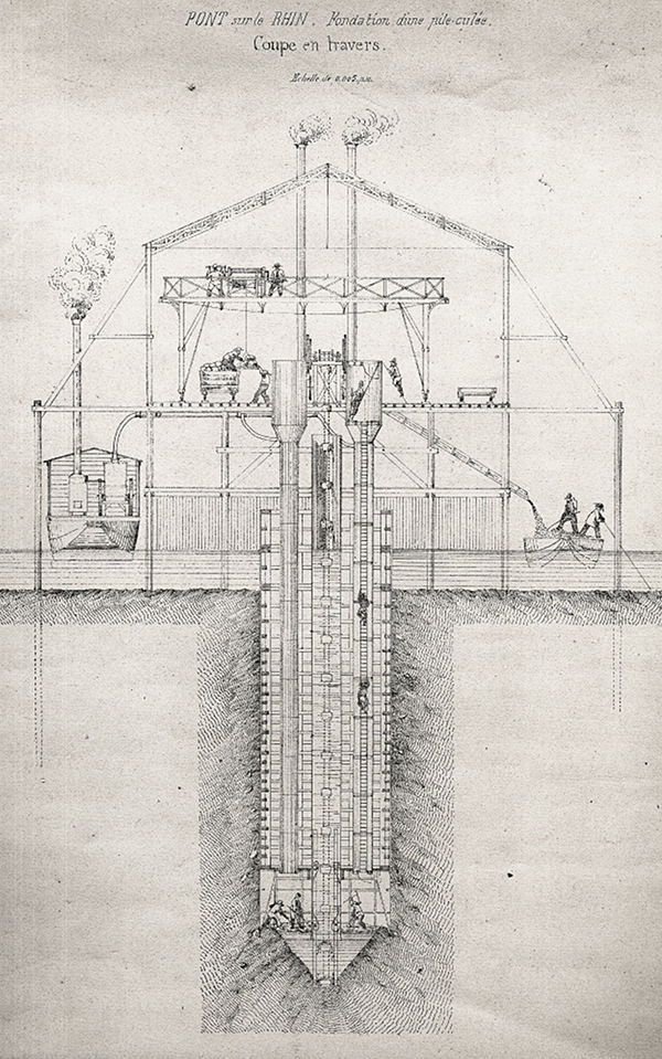 Rheinbrücke Kehl Straßburg 1860, Brückenpfeiler Stahlstich, Bauplan der Rheinbrücke Kehl-Straßburg