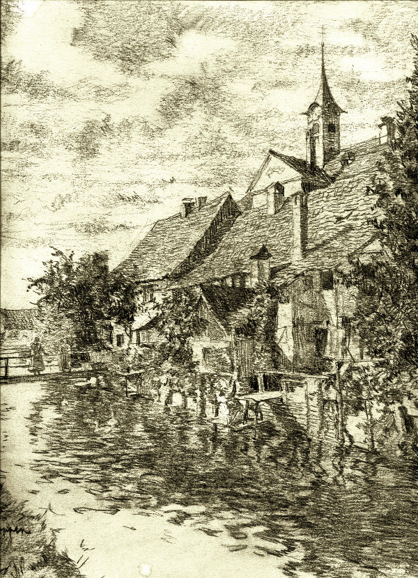 Johannes Poppen - Rottum und Rathaus in Ochsenhausen Bleistiftzeichnung von Johannes Poppen: Rottum und Rathaus in Ochsenhausen