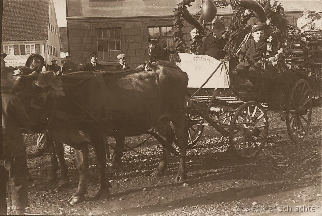 Fastnachtsumzug Marktplatz Ochsenhausen um 1900 - Bild 2 Ochsengespann zur Fastnacht um 1900