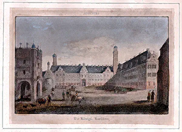 Augsburg – Königliche Residenz Radierung mit Stichelementen der königlichen Residenz in Augsburg, um 1820 - 1840.