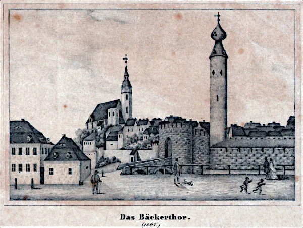 Das Bäckerthor in Torgau 1807 Kupferstich Bäckertor in Torgau 1807