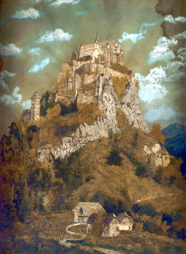 Romantische Burg Hochosterwitz Collage mit der Felsenburg Hochosterwitz in Kärnten, um 1850