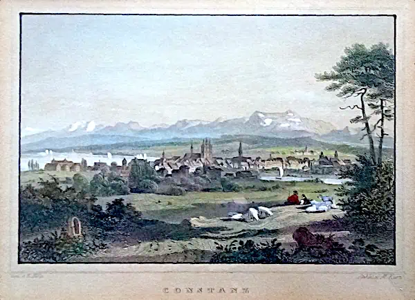 Kolorierter Biedermeier-Stahlstich "Konstanz" Idealisierte Ansicht von Konstanz mit Alpenpanorama um 1840 bis 1850.