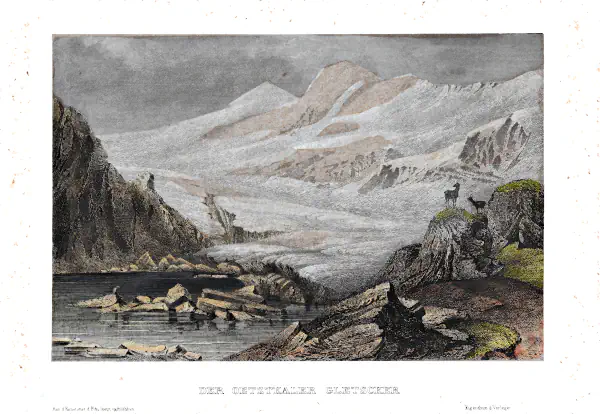 Romantischer altkolorierter Stahlstich mit Blick auf auf den Ötztaler Gletscher aus der Mitte des 19. Jahrhunderts.