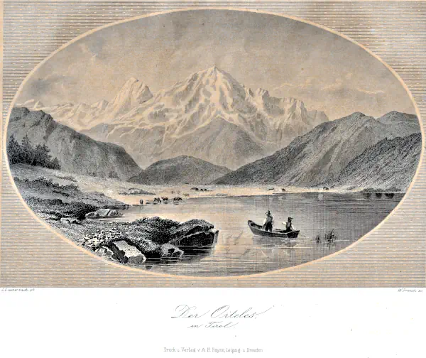Der Ortler in Tirol (ca. 1840 - 1860) Romantischer Stahlstich mit Blick auf auf den Ortler aus der Mitte des 19. Jahrhunderts.