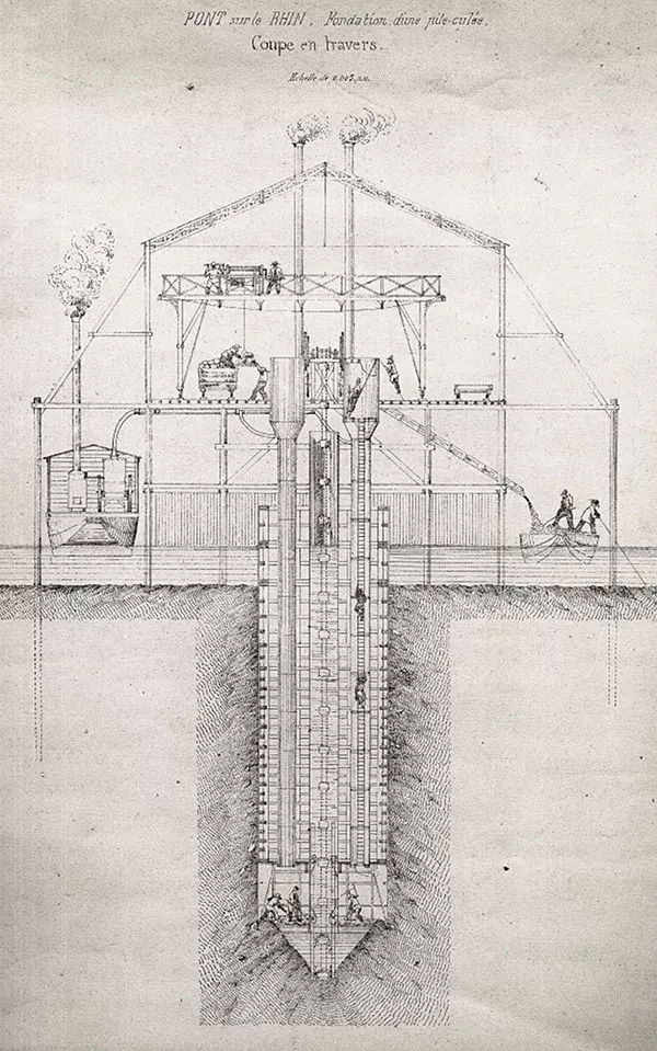 Rheinbrücke Kehl Straßburg 1860, Brückenpfeiler Stahlstich, Bauplan der Rheinbrücke Kehl-Straßburg