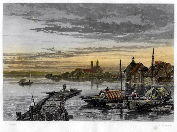 Friedrichshafen um 1850 Romantischer Stahlstich mit Blick auf Schloss und Schlosskirche Friedrichshafen aus der Mitte des 19. Jahrhunderts.