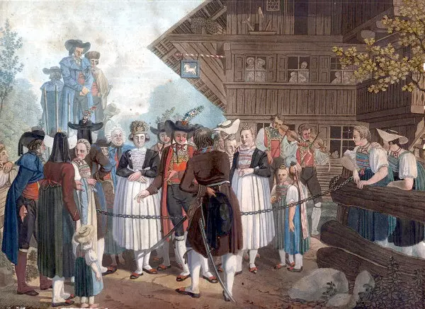 Der vom Grenzer aufgehaltene Hochzeitszug (um 1790) Kolorierte Zeichnung: Hochzeitszug um 1790