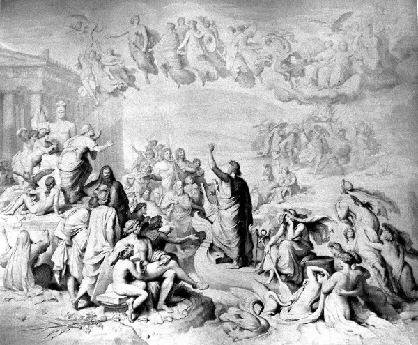 HOMER UND DIE GRIECHEN (um 1880) Reproduktion der Vorlage eines zerstörten Gemäldes im Treppenhaus der Berliner Museumsinsel