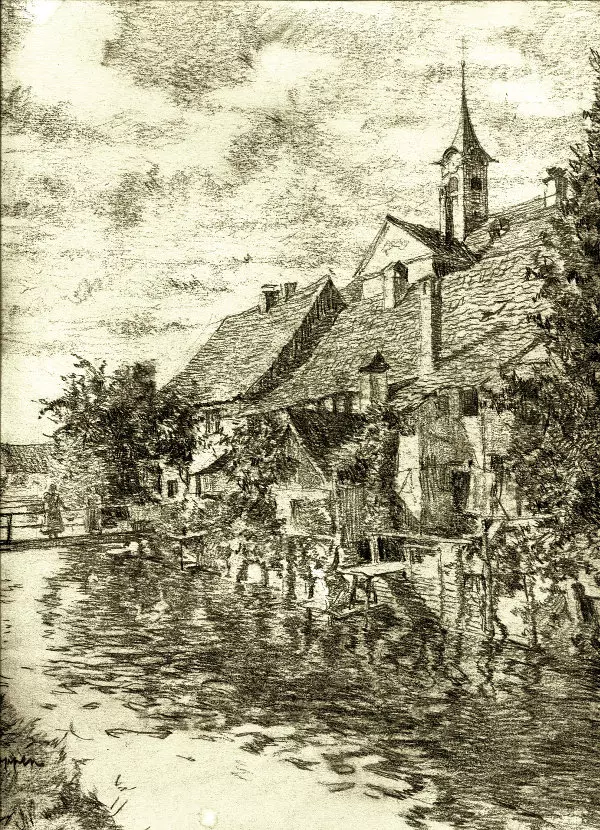 Bleistiftzeichnung von Johannes Poppen: Rottum und Rathaus in Ochsenhausen