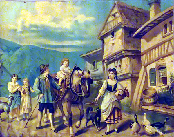 Frühe Oleografie: Bauernszene Im Elsass Pittoreske Szene einer von de arbeit zurückkehrenden Bauernfamilie mit Kindern.