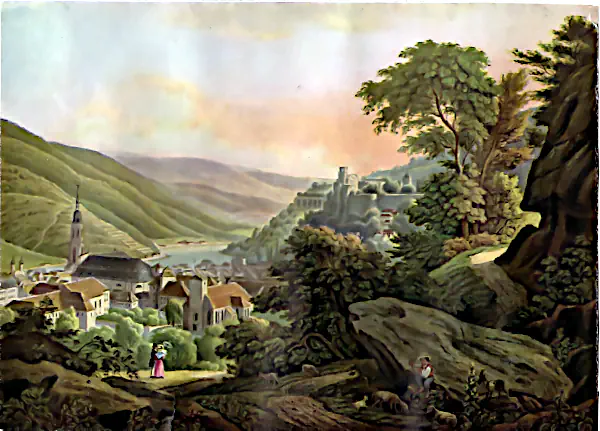 Bild aus einem Poesiealbum 1859/1861 Romantisierende Phantasie-Landschaft eines Flusstal mit Stadt und imposanter Burgruine.