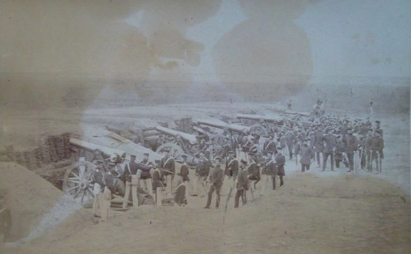 Foto von preußischen Kanonen bei den Düppeler Schanzen 1864 Sehr seltene originale Fotografie einer preußischen Geschützstellung im deutsch-dänischen Krieg 1864