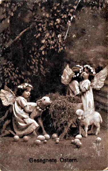 Grußkarte Ostern 1911 Ostergrüße von 1911 mit zeittypischer Engelchenstaffage.