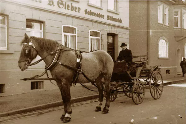 Eine Pferdekutsche vor einer Firma 1925