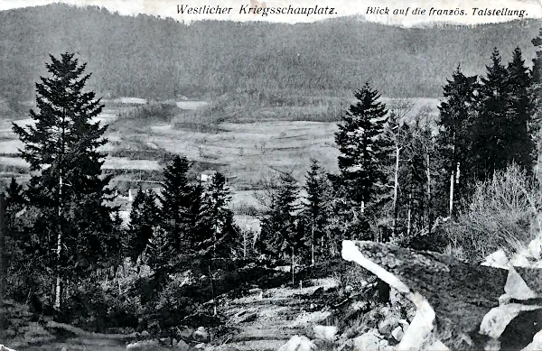 Historische Feldpostkarte vom Westlichen Kriegsschauplatz 1916 mit Blick auf eine französische Talstellung in den Vogesen.