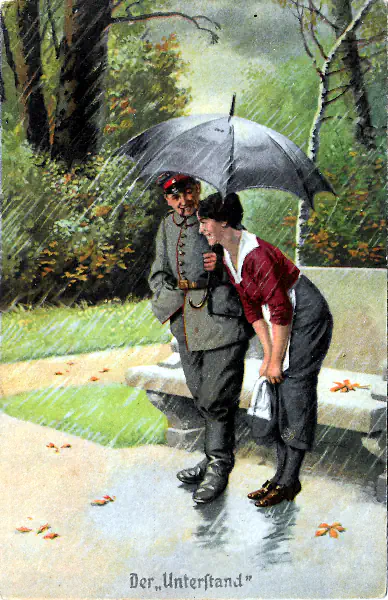 Ein Soldat gibt bei strömendem Regen einer jungen Dame mit seinem Regenschirm einen "Unterstand".