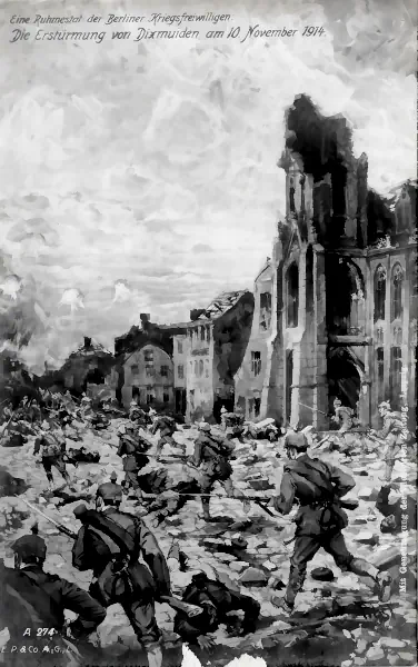 Zeitgenössische Postkarte im Rasterdruck zeigt zerstörte Straßenzüge und kämpfende Soldaten in Dixmuiden.
