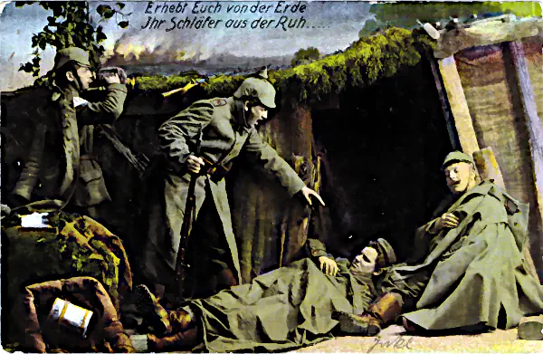 Propagandapostkarte aus dem Ersten Weltkrieg mit gestellter Atelierszene.