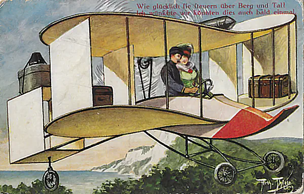 Historische Postkarte von Frid. Thiele mit einem Liebespaar in einem historischen Doppeldecker-Flugzeug