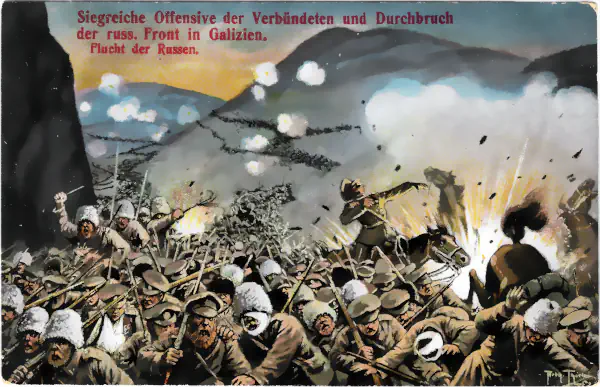 Historische Feldpostkarte von 1916 mit patriotischer Kampfszene an der russischen Front in Galizien.