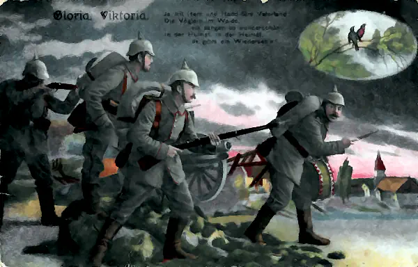 Vier Uniformierte mit Gewehren in eine düstere Kriegskulisse montiert.