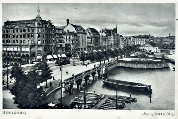 Foto-Postkarte mit Abdruck der Prägeplatte und Aufschrift: Hamburg – Jungfernsteig.