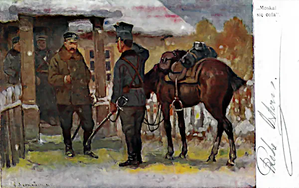 Postkarte nach einem Gemälde von Adam Setkowicz, Soldaten vor einem Haus und ein gesatteltes Pferd.