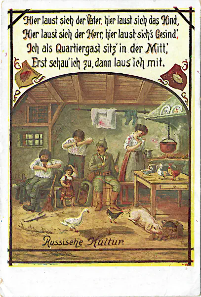 Ein deutscher Soldat sitzt inmitten einer sich lausenden russischen Familie.