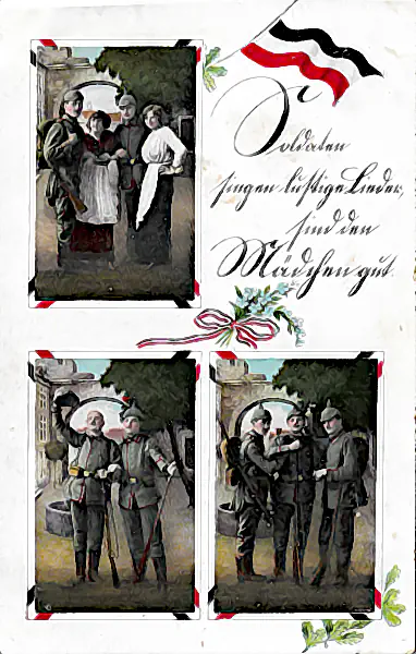 Historische Kriegspostkarte von 1918 mit drei kolorierten Soldatenmotiven und Stempel aus Rot an der Rot