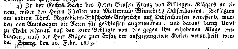 Abschluss eines Rechtsstreites über Ochsenhausen 1813