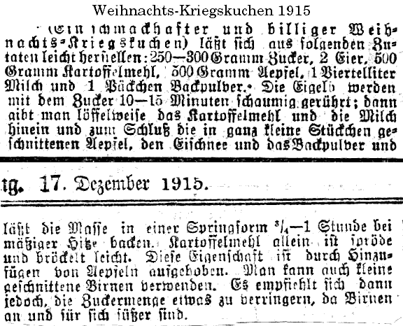 Rezept für einen Weihnachts-Kriegskuchen 1915